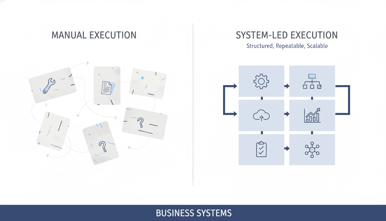 Comparison graphic showing manual execution versus system-led execution
