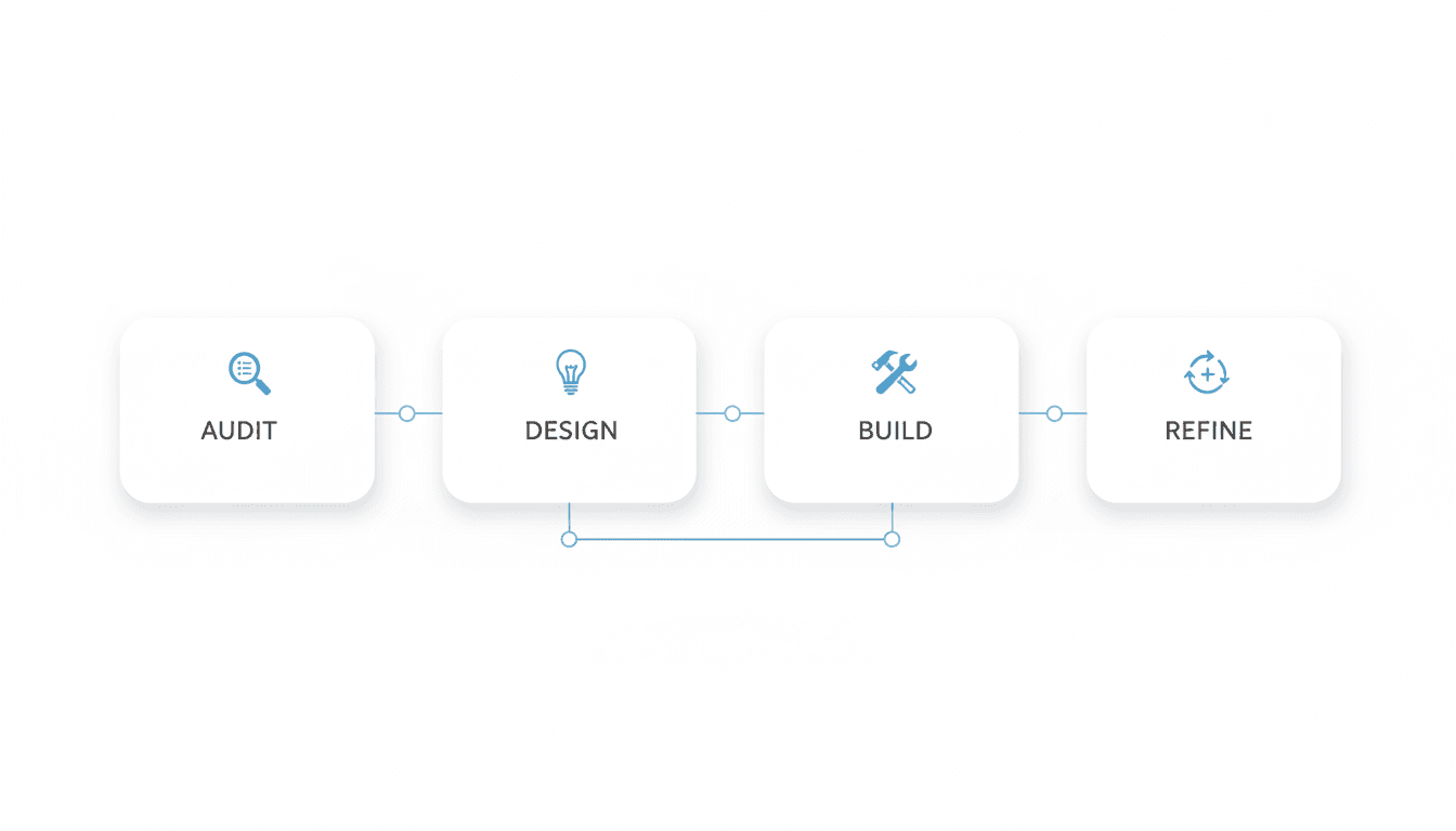 Process flow showing audit, design, build, and refine